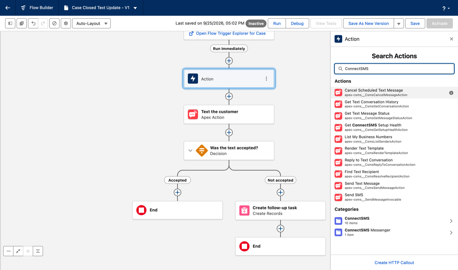 Flow Builder's Search Actions panel listing the ten ConnectSMS actions