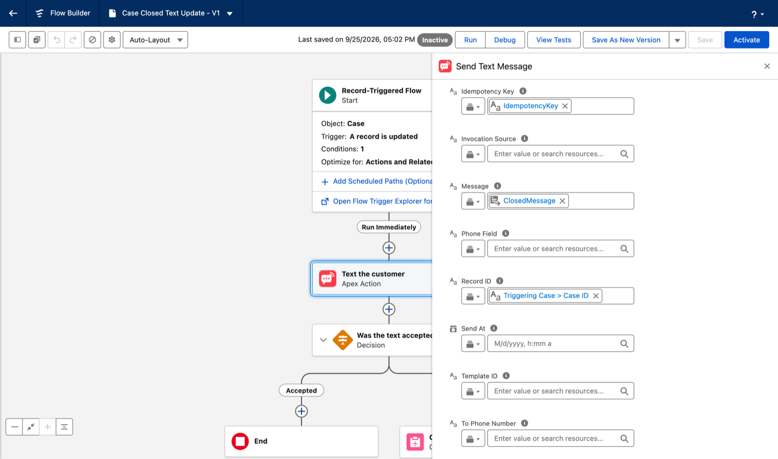 The Send Text Message action in Flow Builder with Idempotency Key, Message and Record ID set