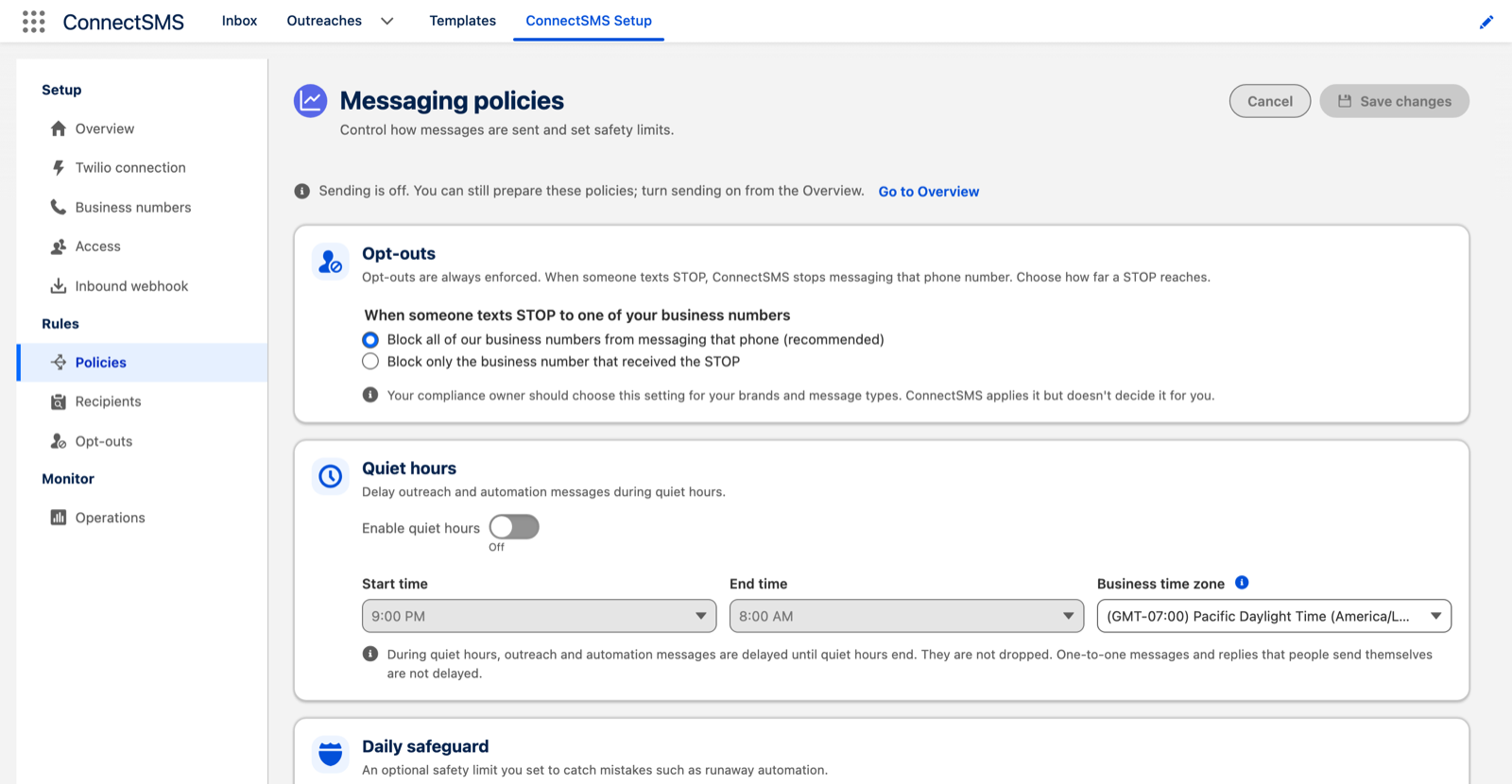 ConnectSMS Setup, Messaging policies section showing the Opt-outs card and the Quiet hours card with start time, end time and business time zone