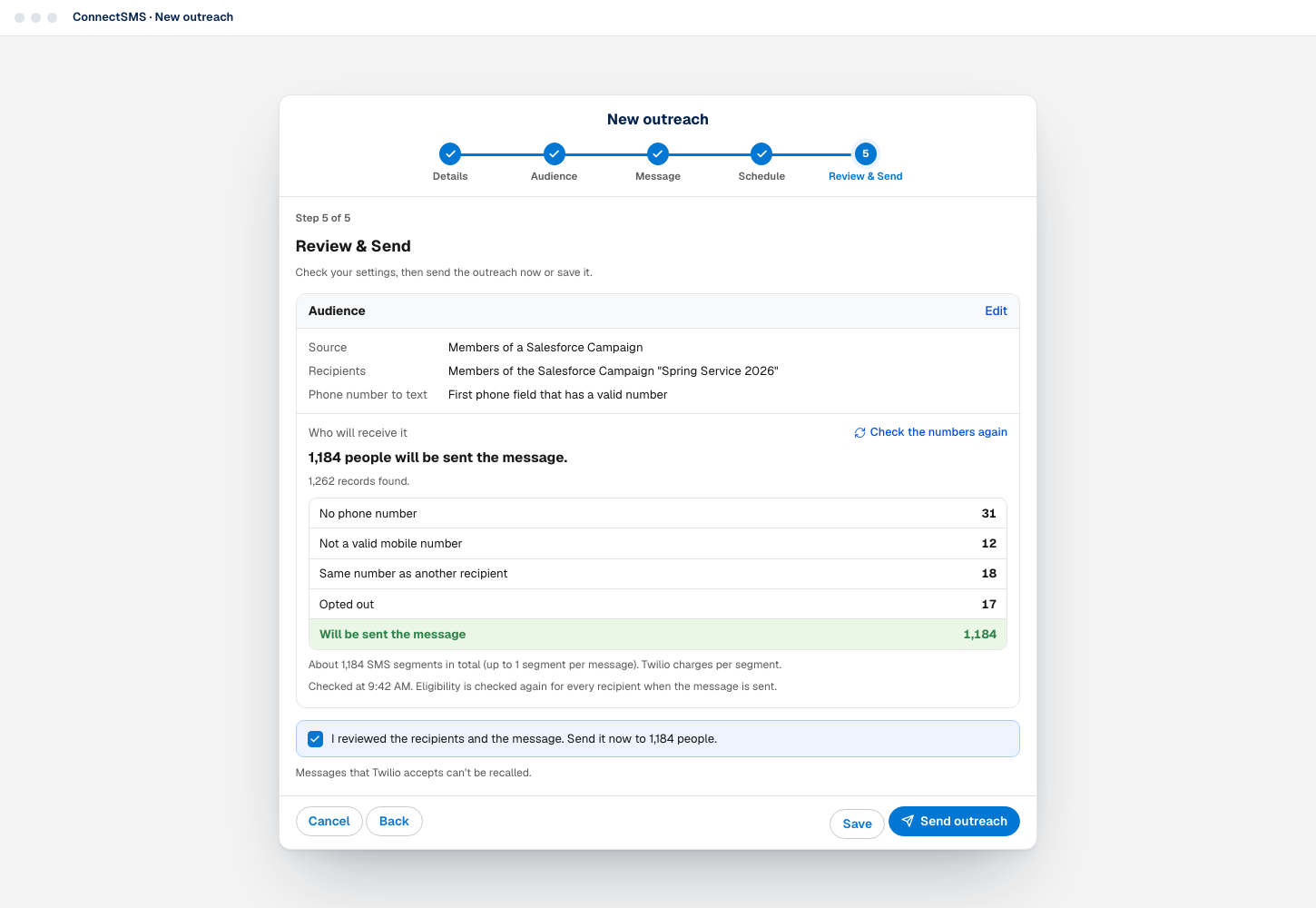 The ConnectSMS outreach review step showing how many people will be sent the message and why others are excluded