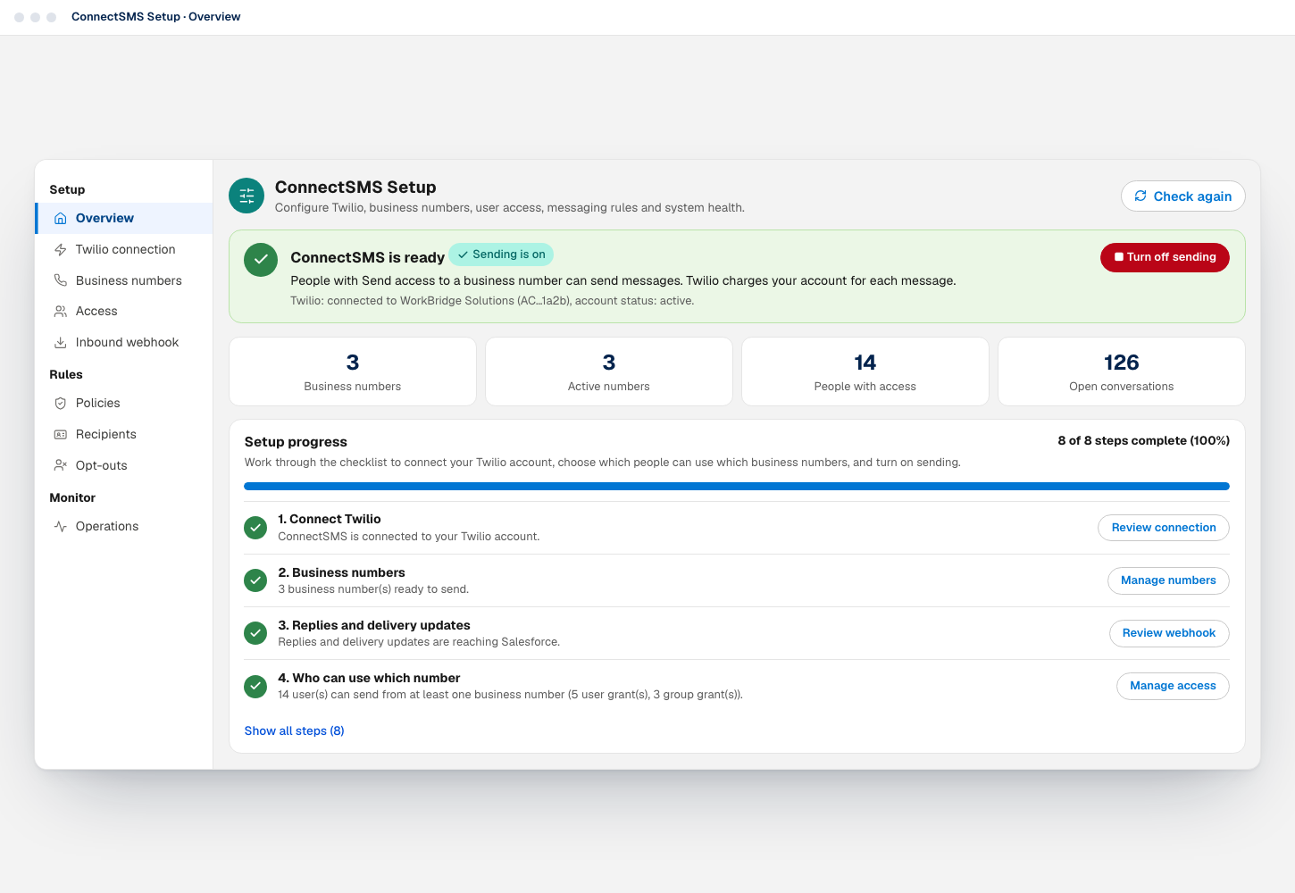 The ConnectSMS Setup overview with sending on and a completed setup checklist