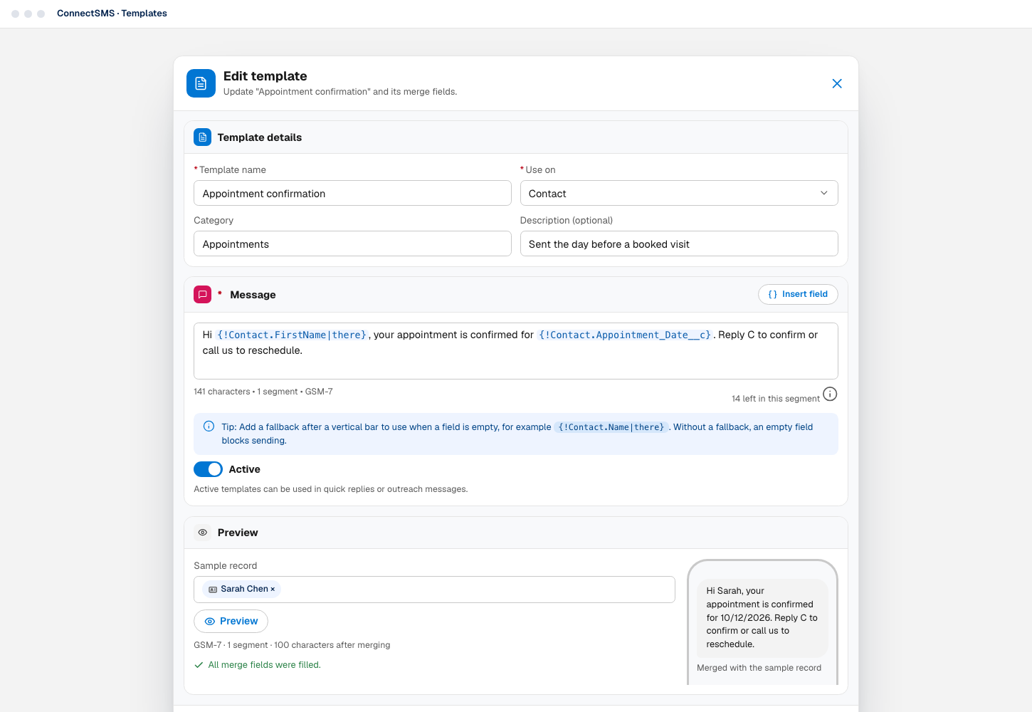 The ConnectSMS template editor with merge fields, a segment counter and a preview